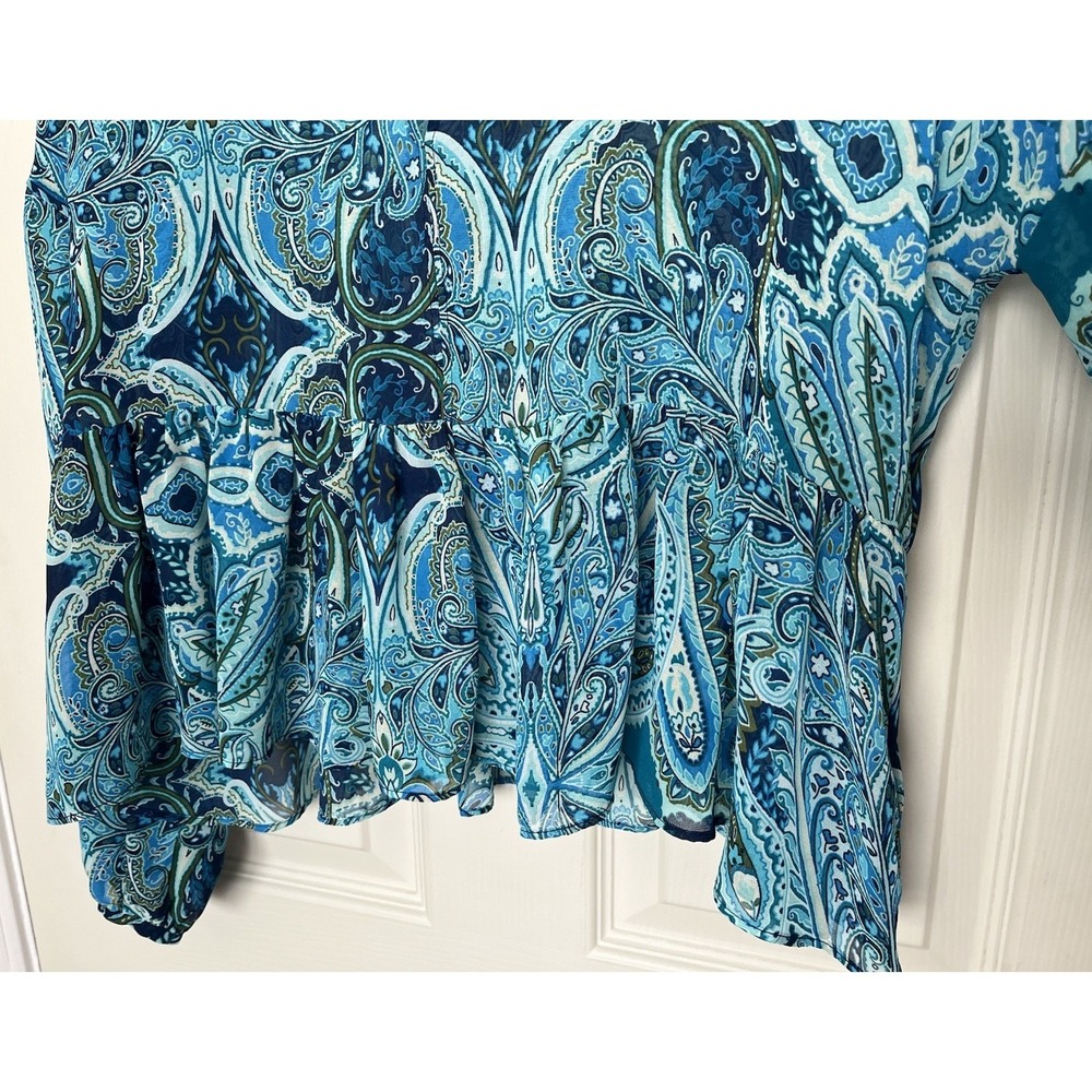 Belle Sky Sheer Ruffle Blouse Turquoise Paisley Womens M Whimsy Boho - Picture 4 of 9